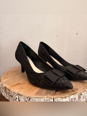 Jenn Ardor Black Glitter Pointed-Toe Kitten Heel Pumps w/ Bow, Size 6.5W